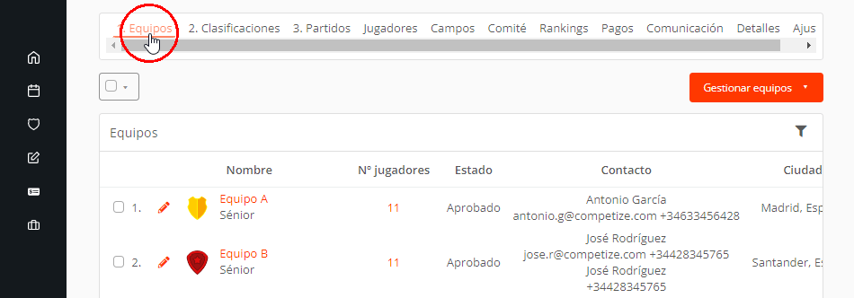 Lista de equipos en un torneo, liga, campeonato