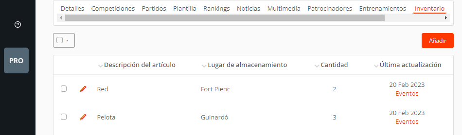 Lista del inventario, material deportivo y de entrenamiento