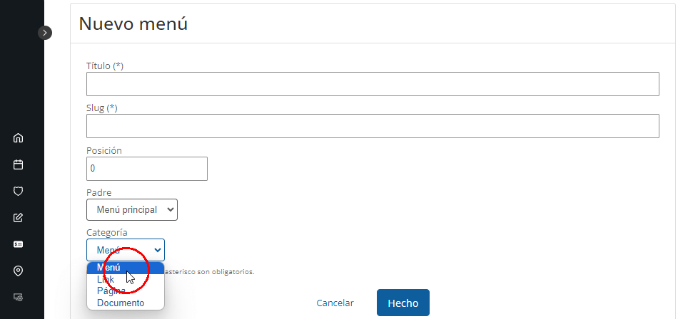 Menú de navegación en la página web para eventos deportivos