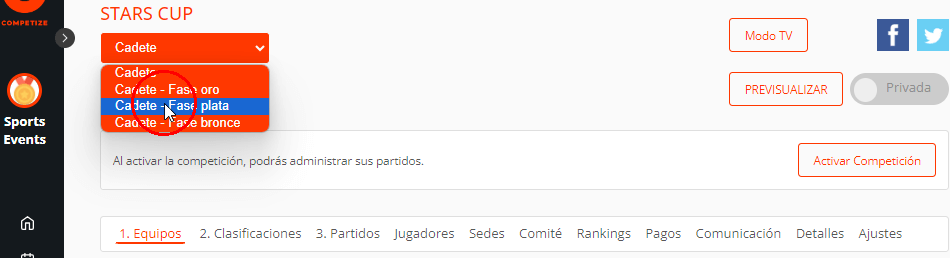 Navegación entre una fase inicial y múltiples divisiones