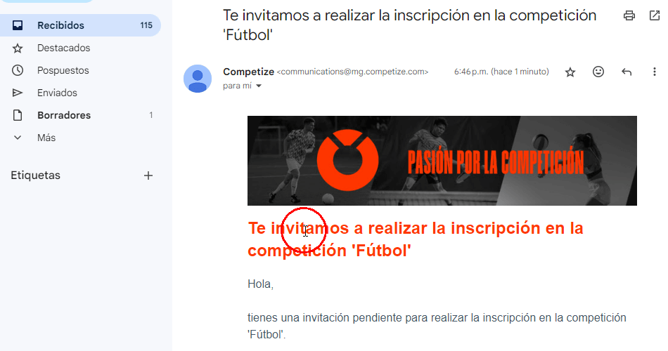 Notificación por correo para inscribir jugadores en competiciones