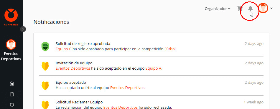 Notificaciones al inscribirse en una competición de un torneo o liga