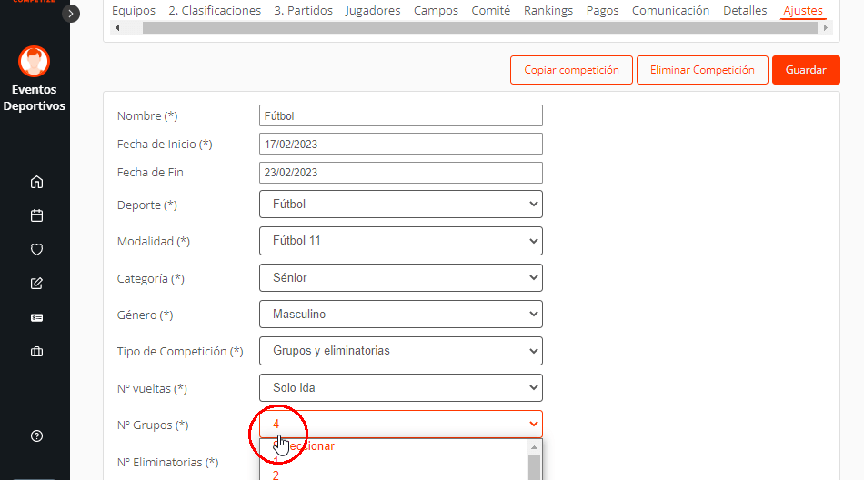 Configurar el número de grupos en tabla de clasificaciones o posiciones