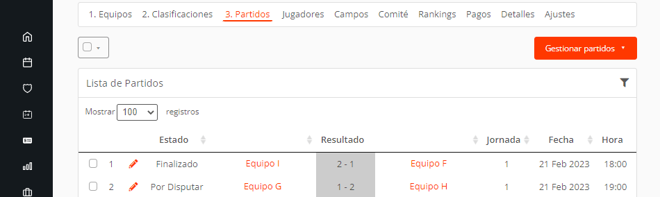 Partidos y fixtures en el calendario o cuadro del torneo