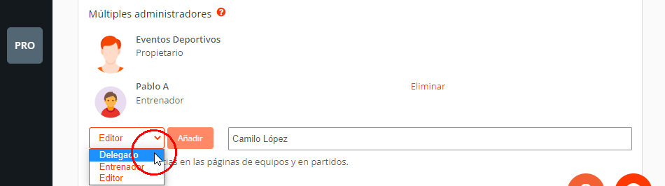 Permisos de administradores de equipos para entrenadores, delegados y editores