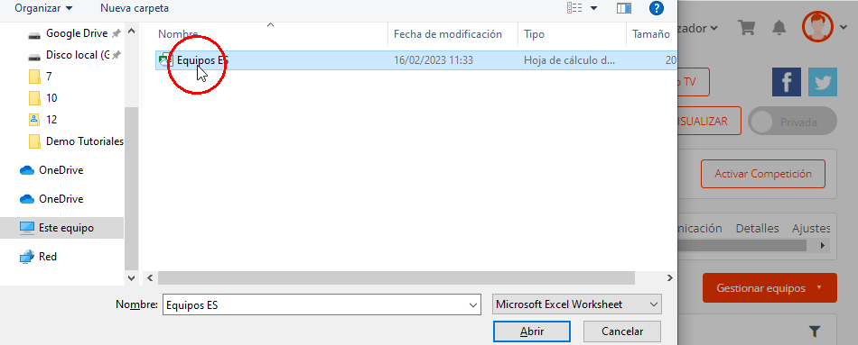 Plantilla Excel para importar equipos al torneo, campeonato