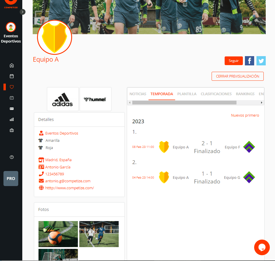 Previsualizar el perfil público del equipo