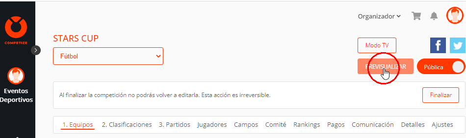 Previsualizar y publicar un torneo, liga o campeonato