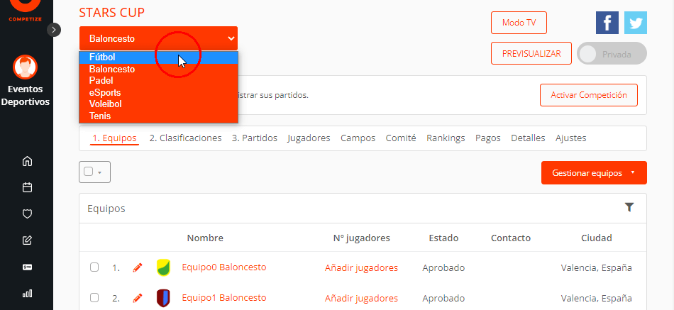 Programa y app para competiciones de fútbol, pádel, FIFA