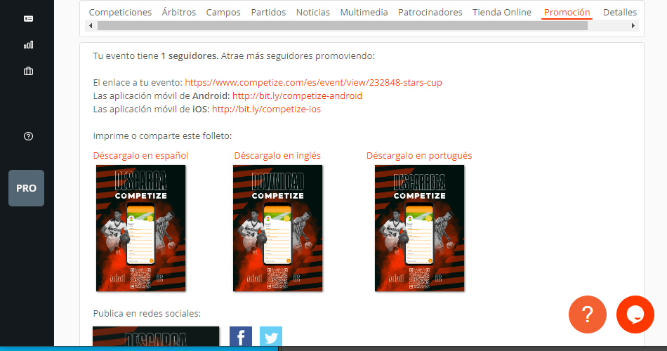 Promocionar inscripciones en un torneo, liga, campeonato