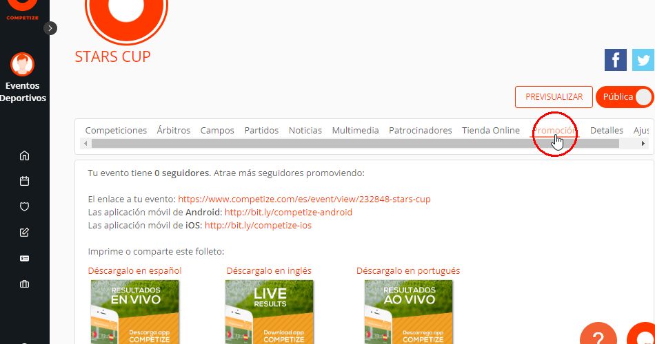 Promocionar un torneo con un enlace, folleto o banner