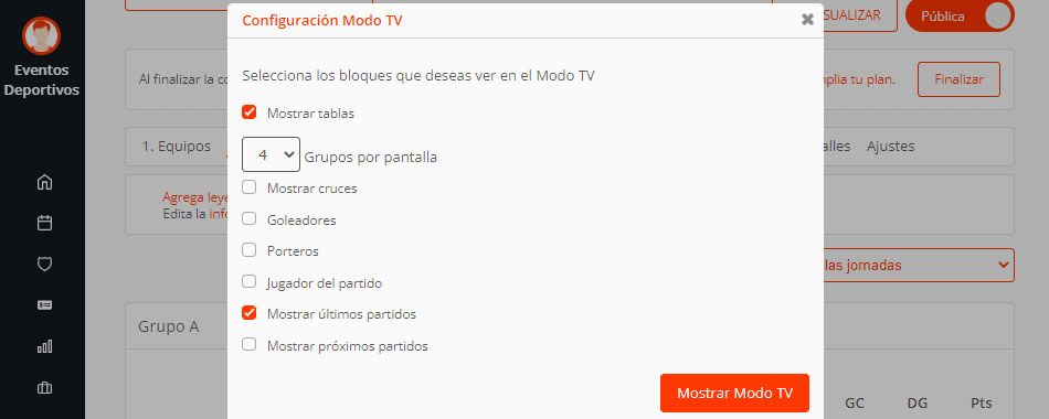 Proyección en pantalla TV en un torneo o liga