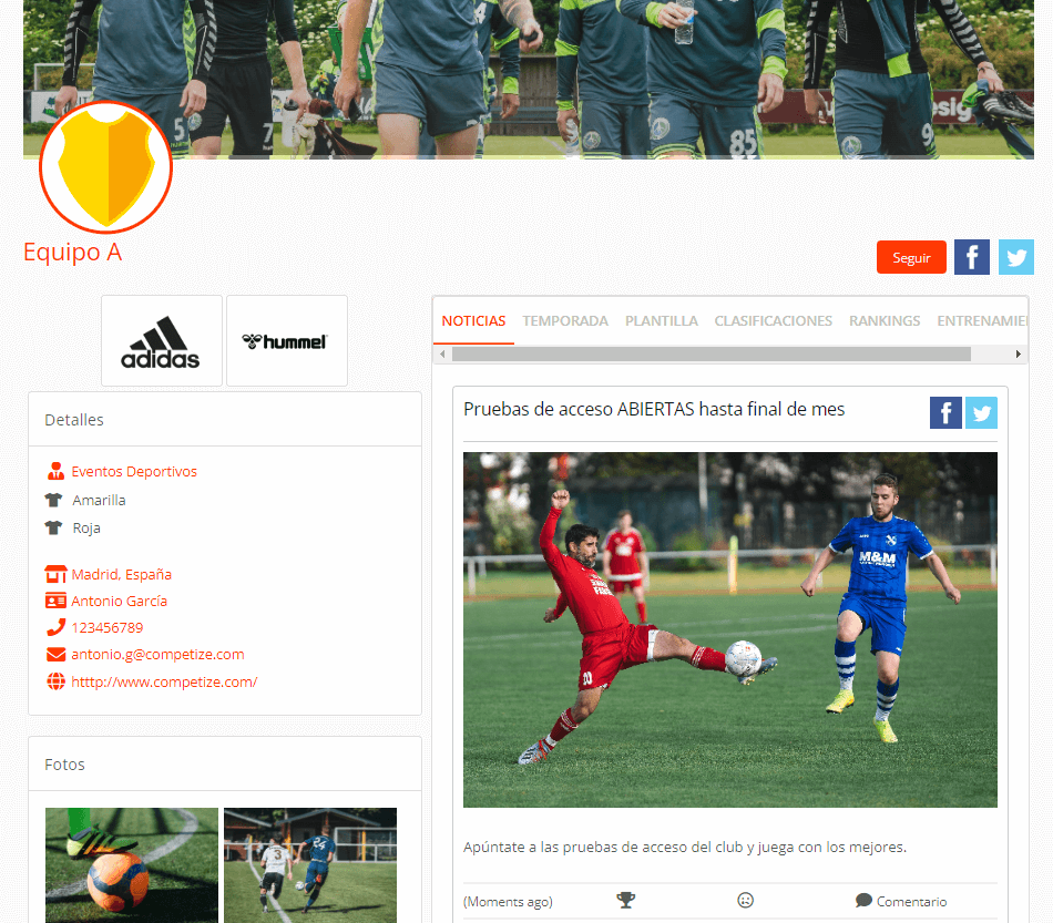 Publicaciones de noticias en la página web del equipo o club deportivo