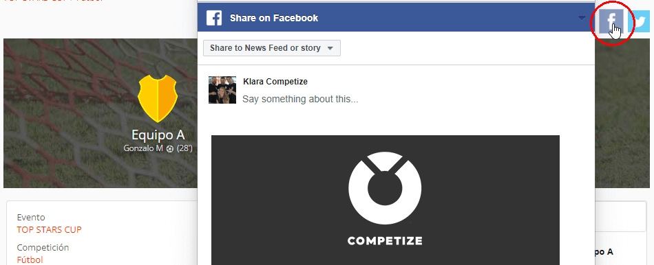 Publicar y compartir partidos en Facebook y Twitter