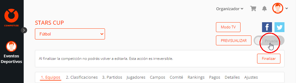 Publicar competiciones de baloncesto, voleibol, tenis