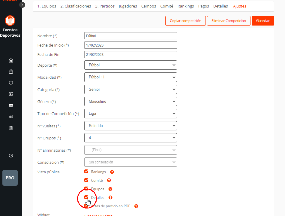 Publicar las reglas del evento deportivo: torneo o liga