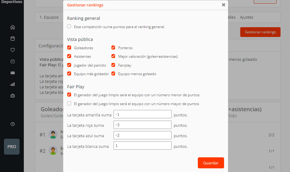 Puntuación de tarjetas en rankings de fair play