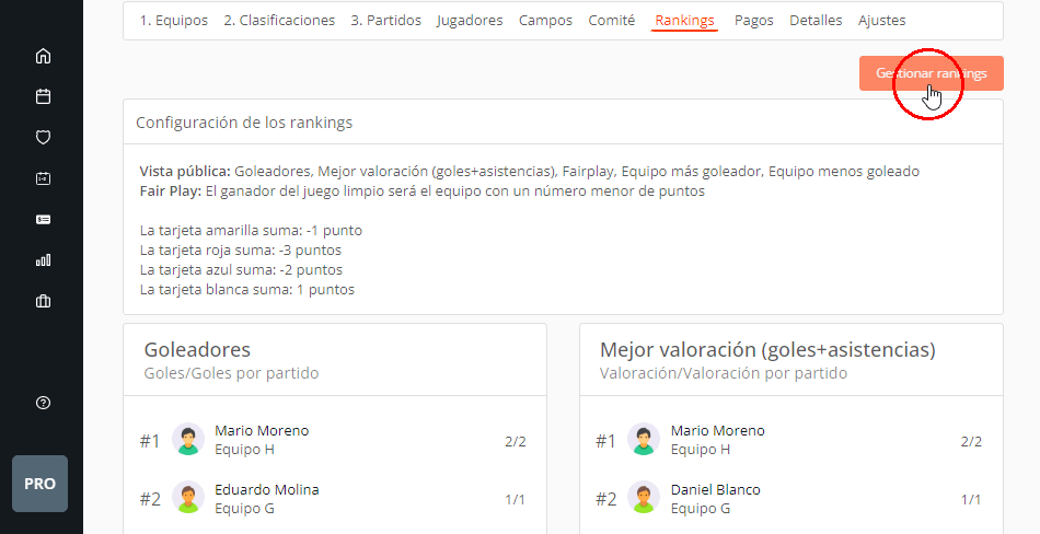 Rankings de jugadores, equipos y fair play