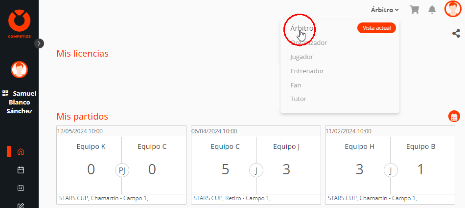Rol de árbitro y partidos con permiso de arbitraje