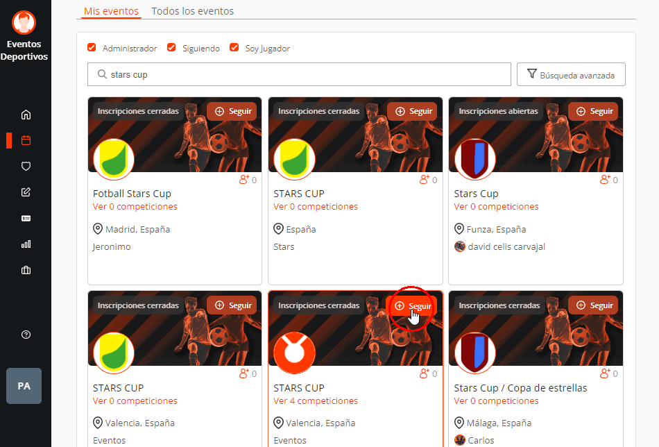 Seguir eventos deportivos: torneos, ligas, campeonatos