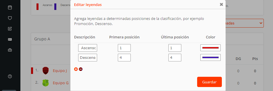Señalar posiciones en tabla de clasificaciones de una liga
