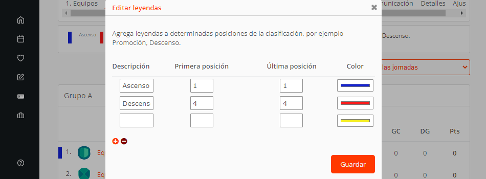 Señalar posiciones en la tabla de clasificaciones de una liga