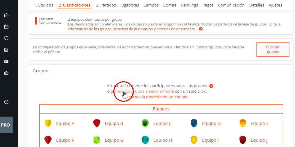 Sortear grupos al crear torneos, ligas y campeonatos