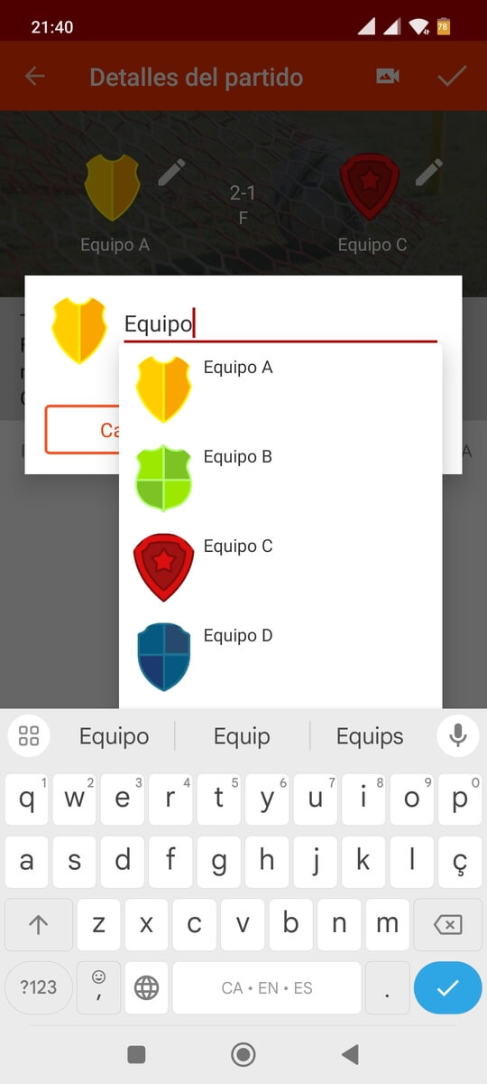 Sugerencias de equipos al editar partidos del torneo con una app