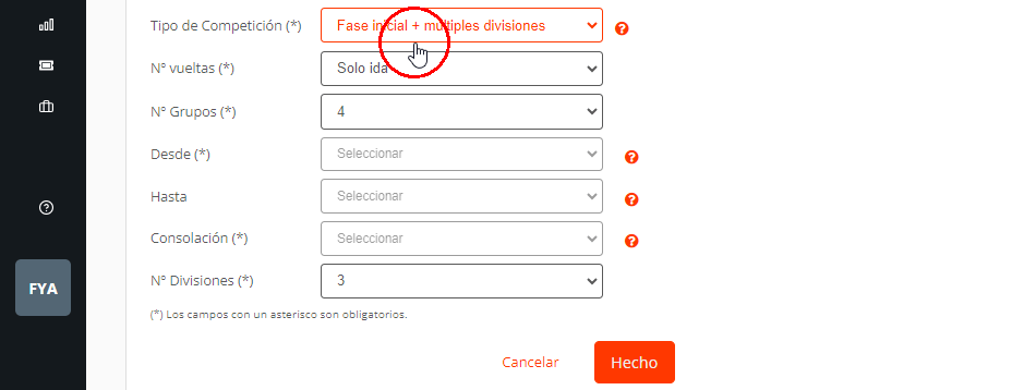 Tipo de competición de fase inicial y múltiples divisiones