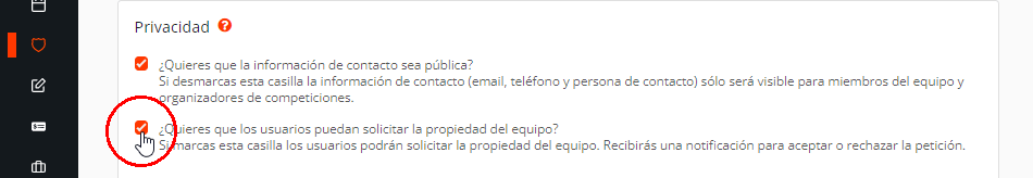 Transferir la propiedad de un equipo al delegado o entrenador